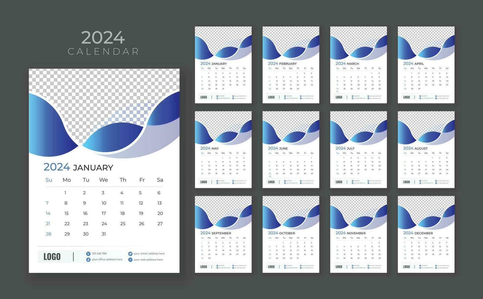 parede calendário 2024, companhia calendário modelo, semana começar Domingo, vetor parede calendário 2024, parede calendário dentro uma minimalista estilo