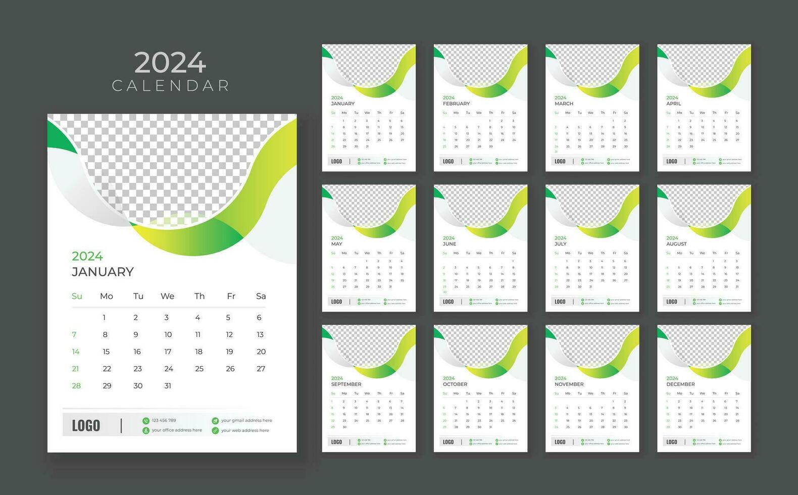 parede calendário 2024, companhia calendário modelo, semana começar Domingo, vetor parede calendário 2024, parede calendário dentro uma minimalista estilo