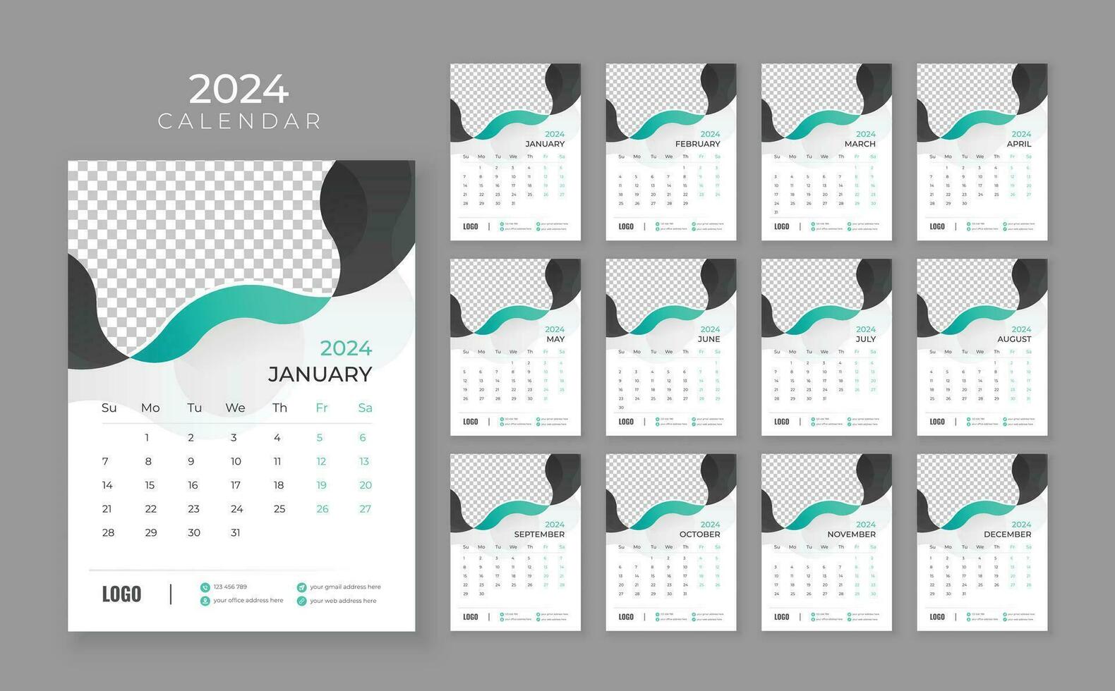 vetor parede calendário 2024, parede calendário 2024, corporativo e o negócio planejador modelo dentro inglês, semana começar Domingo, parede calendário dentro uma minimalista estilo