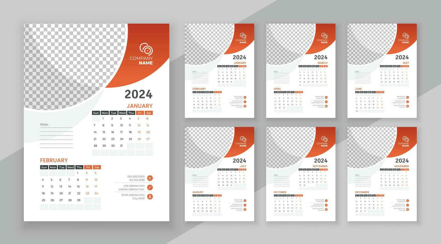 parede calendário 2024, companhia calendário modelo, semana começar Domingo, vetor parede calendário 2024, parede calendário dentro uma minimalista estilo