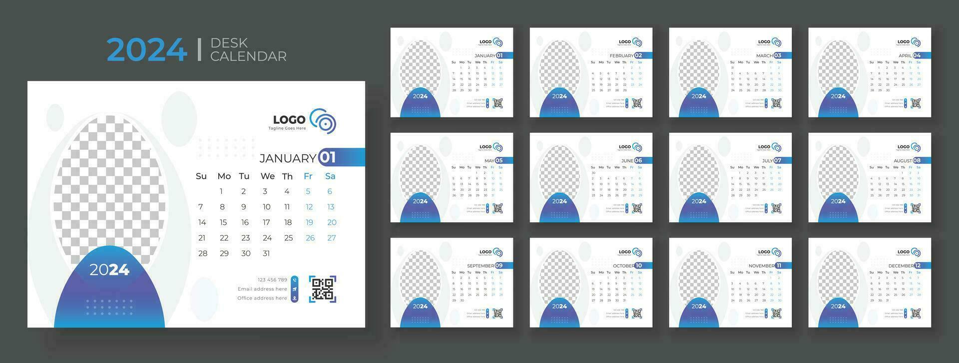 escrivaninha calendário modelo 2024, semana começa em Domingo, escritório calendário 2024 vetor