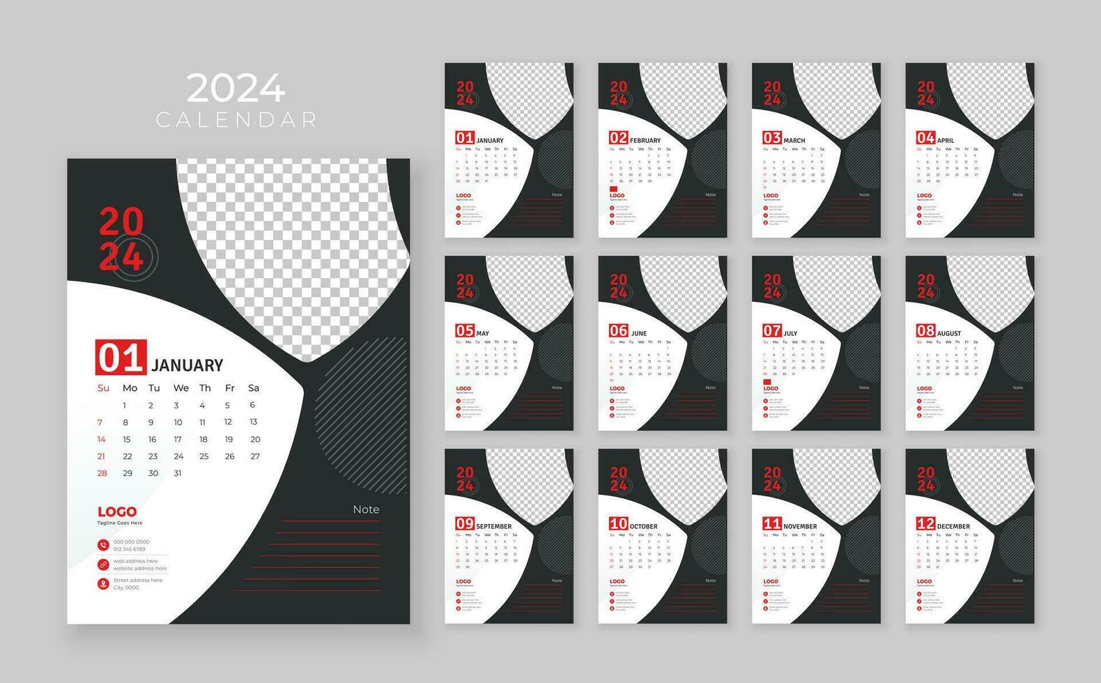 12 página parede calendário 2024, companhia calendário modelo, semana começar Domingo, parede calendário dentro uma minimalista estilo vetor