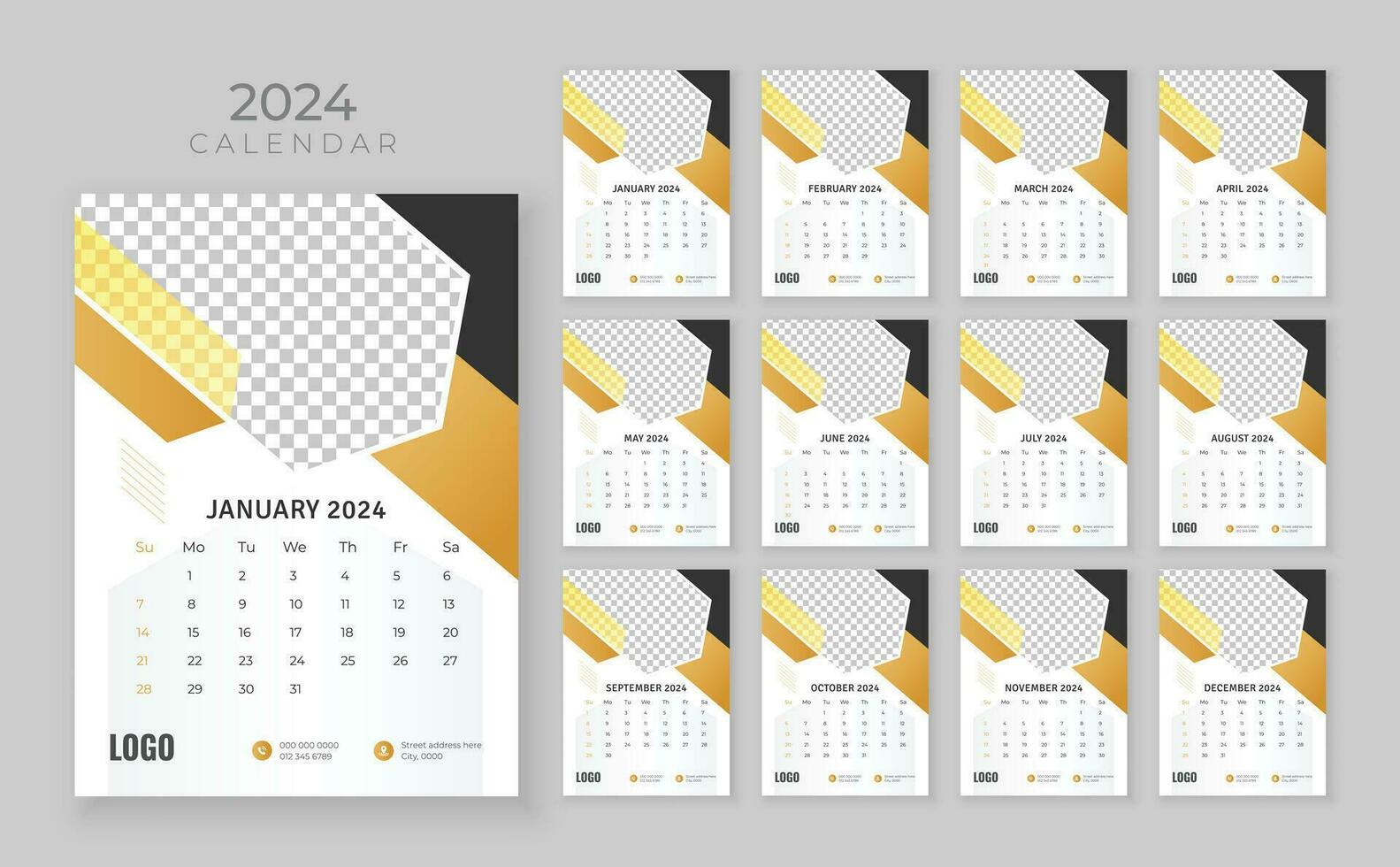 parede calendário 2024, companhia calendário modelo, semana começar Domingo, 12 página parede calendário 2024, parede calendário dentro uma minimalista estilo vetor