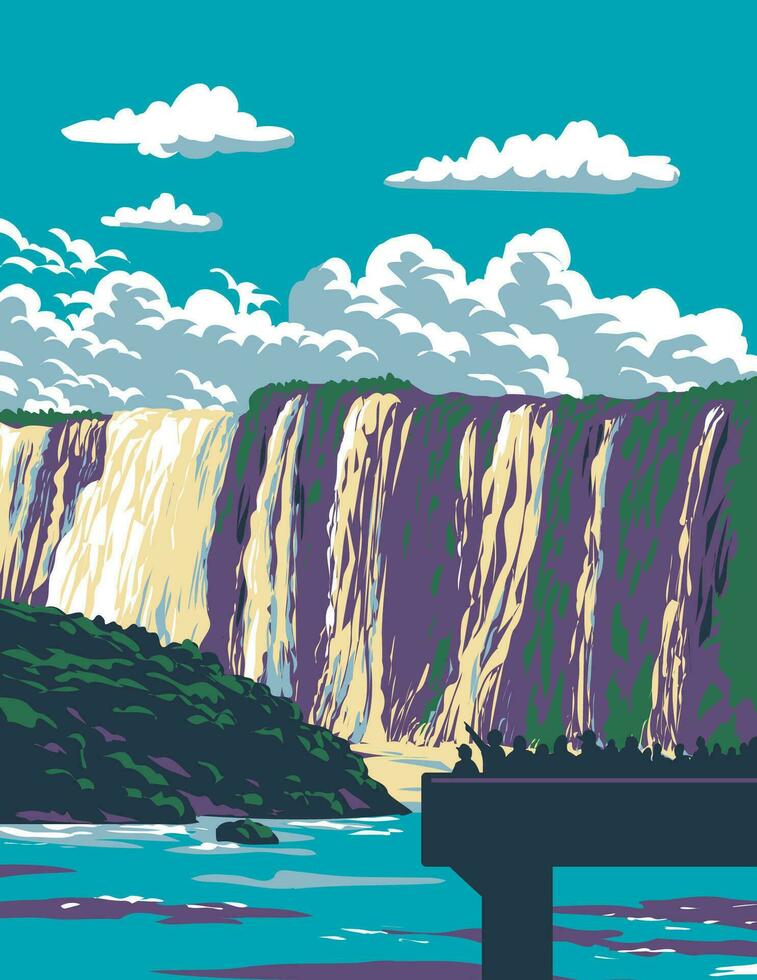 iguazu cai dentro iguazu nacional parque entre Argentina e Brasil wpa arte deco poster vetor