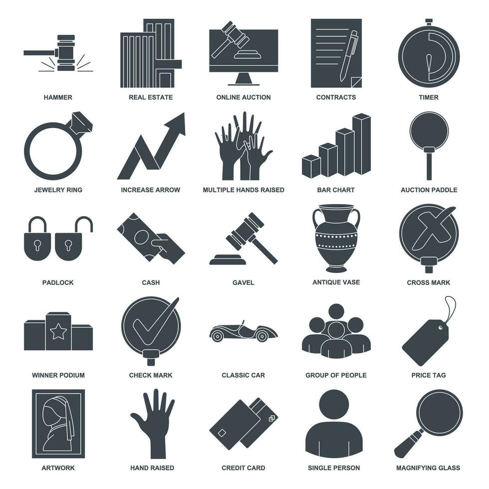 leilão ícone definir, incluído ícones Como mão criado, preço marcação, ampliação vidro e Mais símbolos coleção, logotipo isolado vetor ilustração