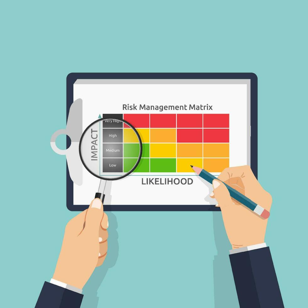 uma Gerente mãos segurando lápis e lupa com matriz forma, o negócio risco avaliação e segurança conceito, avaliando em a impacto e probabilidade categoria para risco gestão vetor