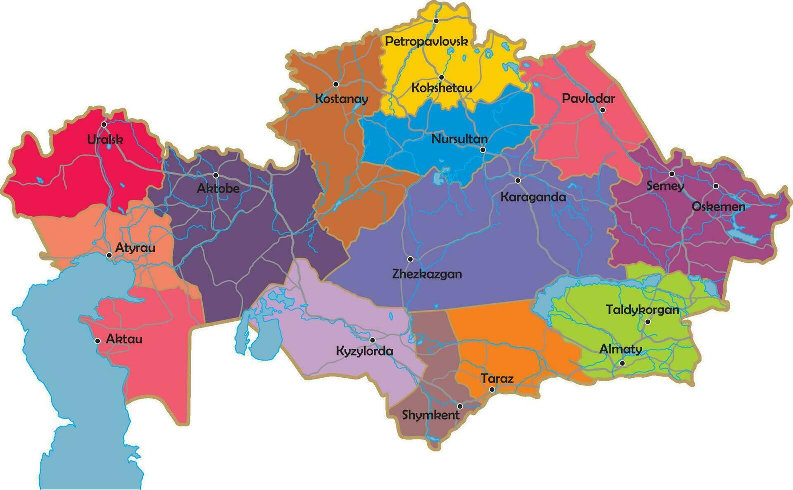 vetor administrativo mapa do Cazaquistão. mapa com fronteiras do regiões, rios, corpos do água e estradas. principal cidades do a país