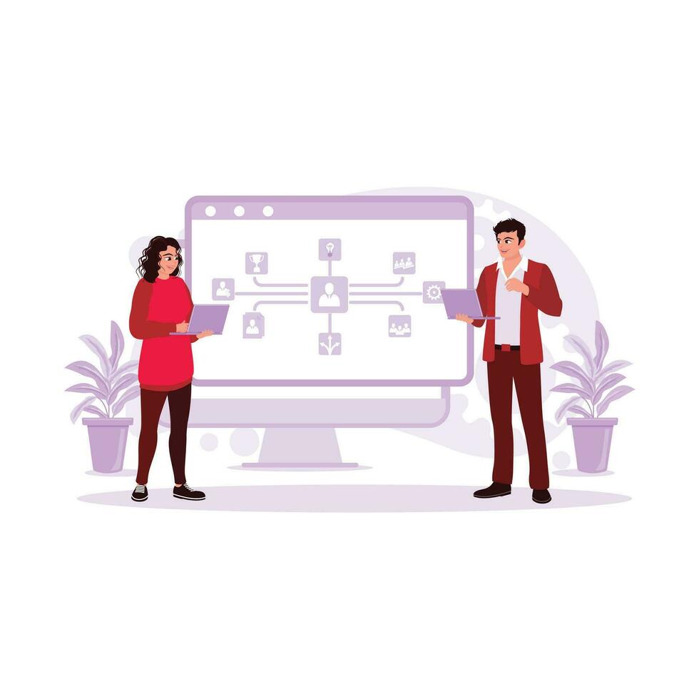 o negócio pessoas e empregados Conheça em uma computador com uma bandeira rede ícone tela. tendência moderno vetor plano ilustração.