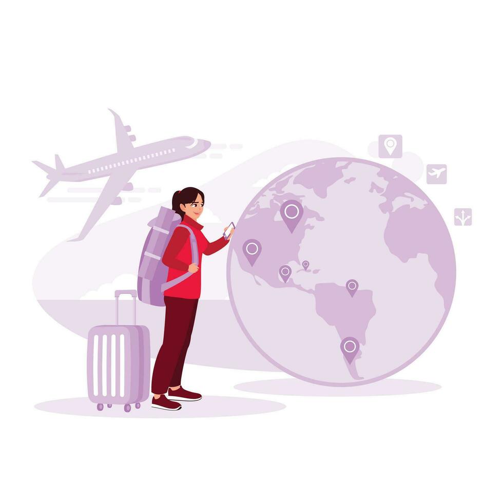 viajando conceito. jovem homem preparando para viagem por aí a mundo. globo, avião, e mala. tendência moderno vetor plano ilustração