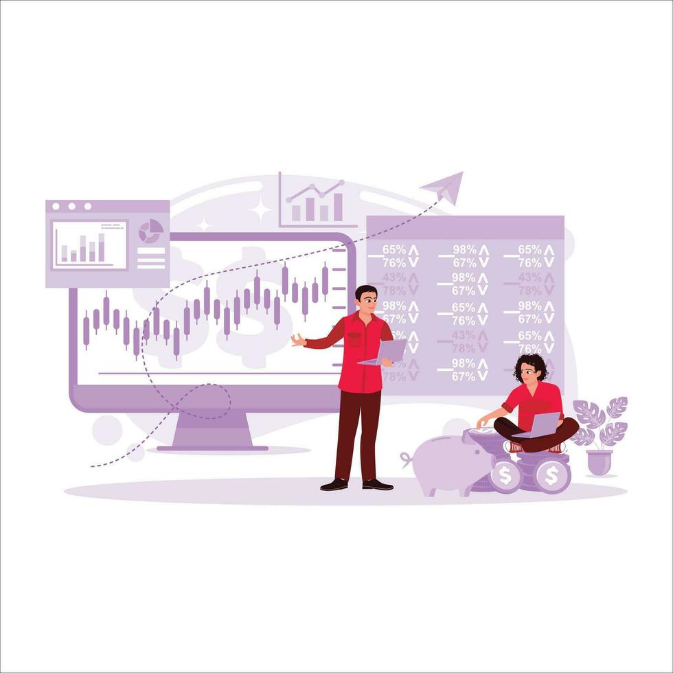 estoque mercado comerciantes Veja às a ticker números e gráficos do continuamente Aumentar ações. executar dados análise e vendas. tendência moderno vetor plano ilustração