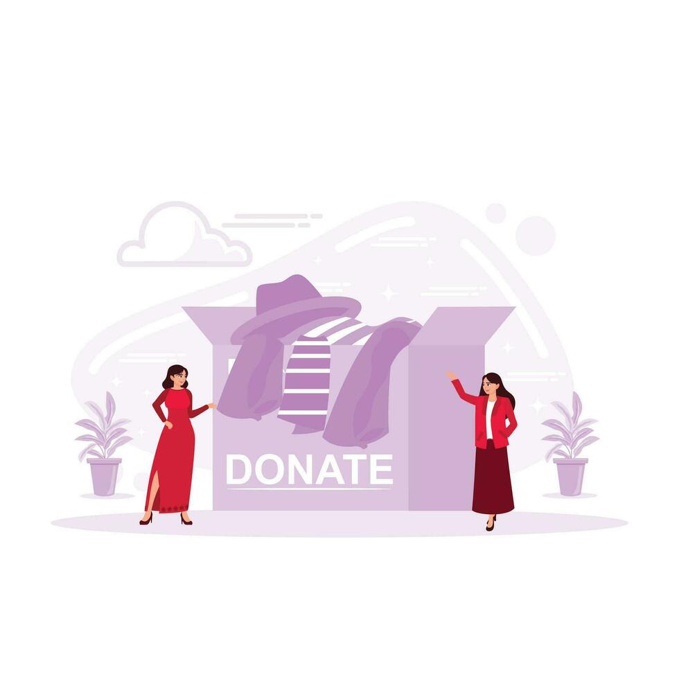 doação conceito. mulher dentro frente do uma doação caixa cheio do roupas. tendência moderno vetor plano ilustração
