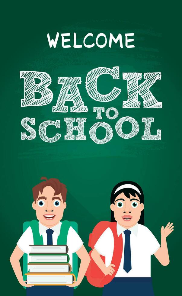 bem-vinda costas para escola conceito Projeto plano em uma verde fundo com menina e Garoto dentro escola uniforme vetor