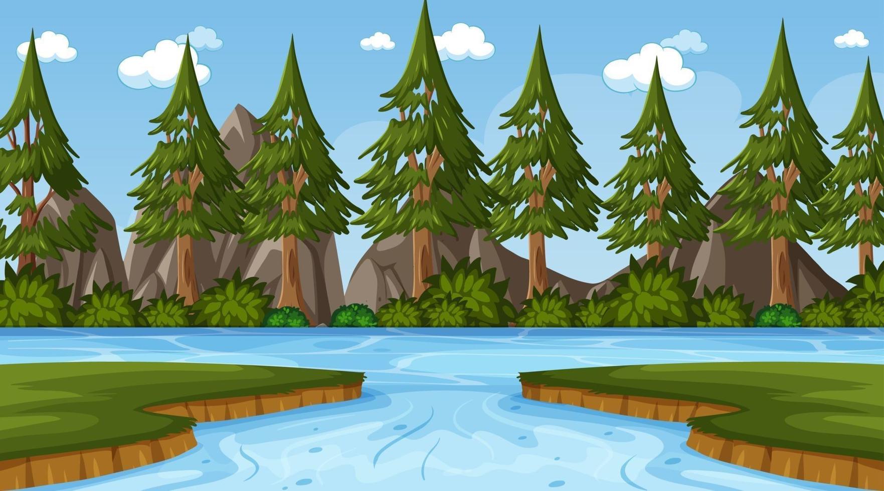 cena de fundo com rio na floresta de pinheiros vetor