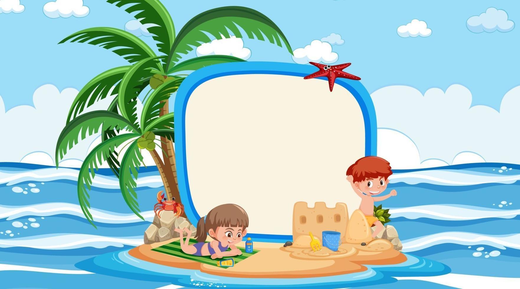 modelo de banner vazio com crianças de férias na praia durante o dia vetor