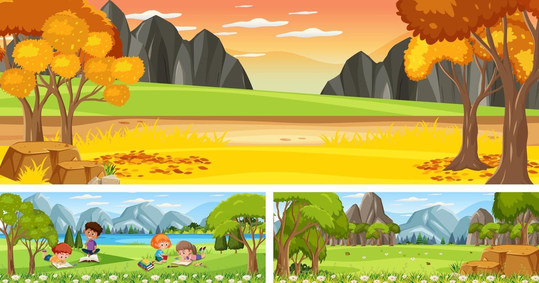 conjunto de diferentes cenas de paisagem ao ar livre com personagem de desenho animado vetor