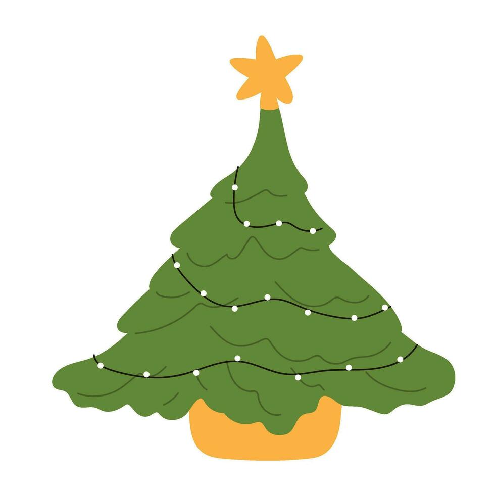 desenhado à mão Natal árvore ícone. festivo natal abeto. verde abeto desenho animado com decorado enfeites. plano ilustrações isolado em branco fundo. vetor