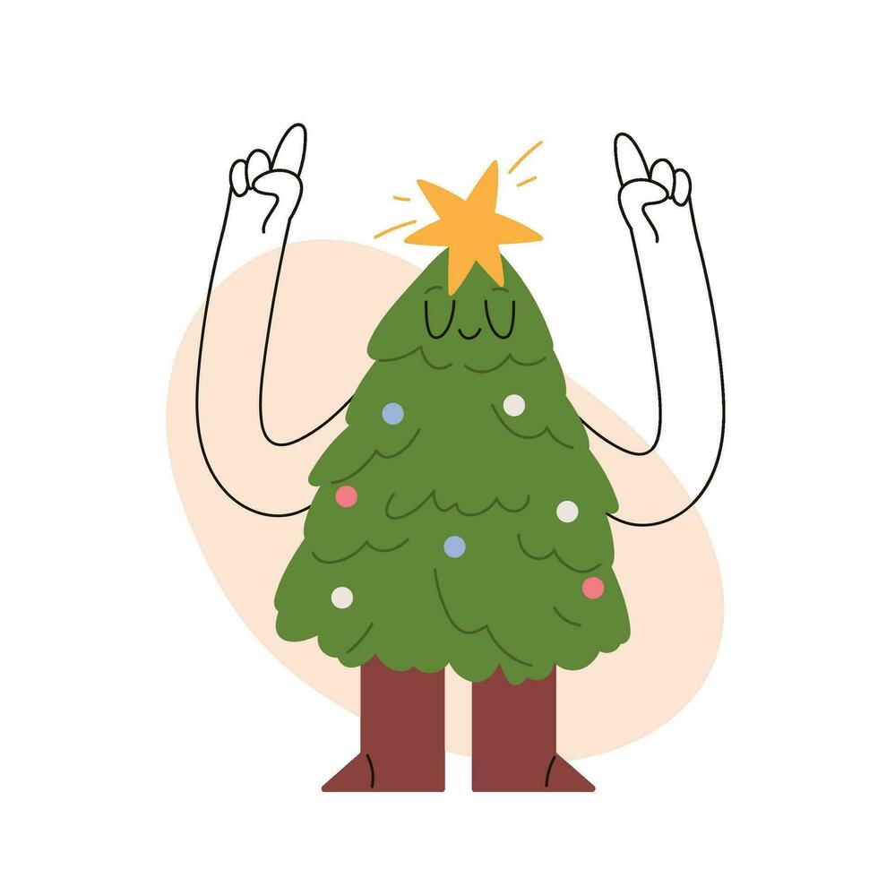 fofa Natal árvore personagem conceito. desenho animado com uma Diversão sorriso, mãos e botas. feriado espírito iluminado de festivo luzes. Diversão caminho para bem-vinda a Novo ano. plano ilustrações isolado vetor
