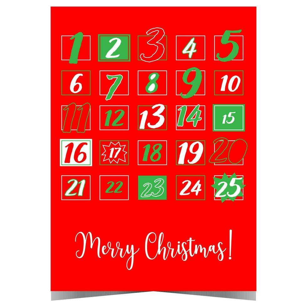 advento calendário para Natal com datas a partir de 1 para 25 dezembro dentro verde, vermelho, branco cores. Natal poster Projeto para contagem regressiva a dias até inverno feriados, natal véspera, recebendo presentes a partir de papai noel. vetor