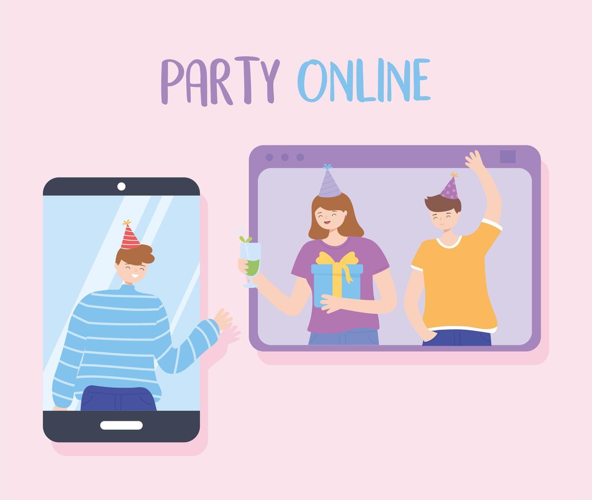 festa online, pessoas conectadas pela internet comemorando vetor
