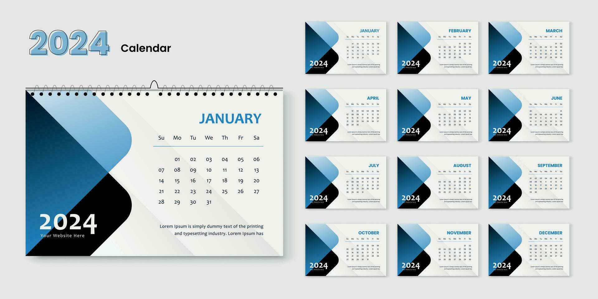 feliz Novo ano 2024 calendário Projeto moderno modelo, parede e escrivaninha calendário Projeto vetor