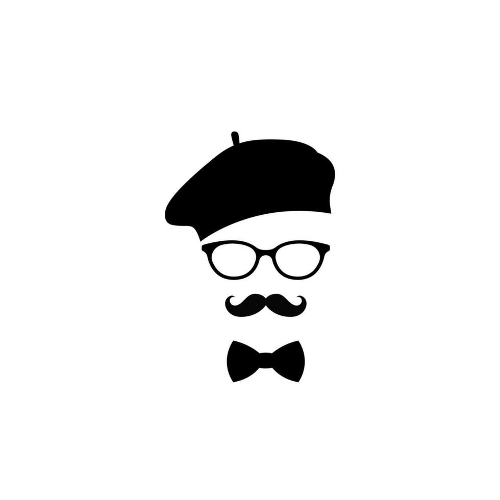francês dentro boina óculos com uma bigode e arco gravata. vetor