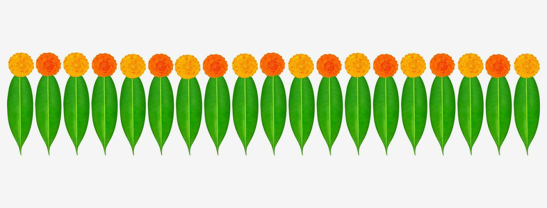 tradicional indiano calêndula flor festão com manga folhas. decoração para indiano hindu feriados ou casamentos ou puja festival, indiano festival flor decoração vetor
