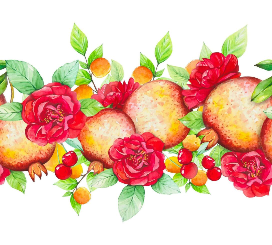 desatado fronteira com frutas, pêssegos, romãs, cerejas, vermelho rosas. aguarela vetor