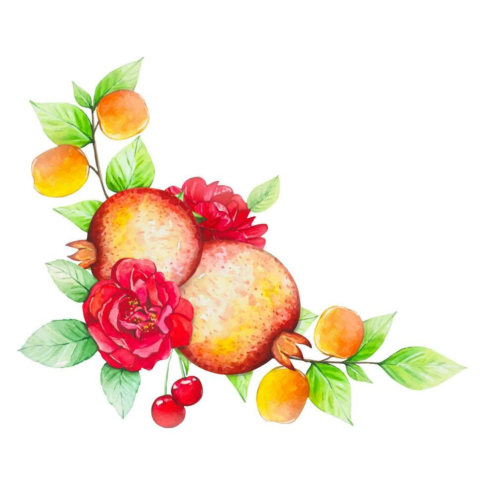 aguarela composição com romãs, cerejas e vermelho rosas vetor