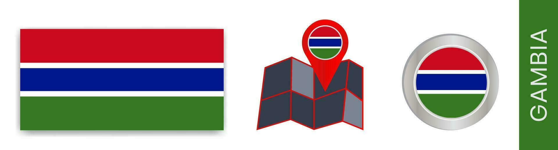uma coleção do gambiano nacional bandeiras isolado dentro oficial cores e a ícone mapa do Gâmbia com país bandeiras. vetor