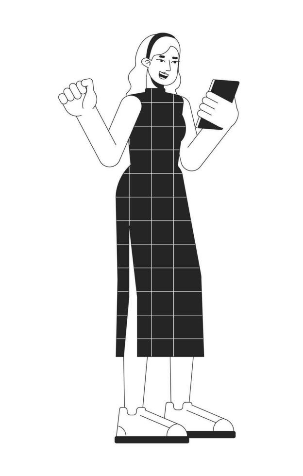 feliz caucasiano mulher com Smartphone plano linha Preto branco vetor personagem. editável esboço cheio corpo pessoa. usando gadget simples desenho animado isolado local ilustração para rede gráfico Projeto