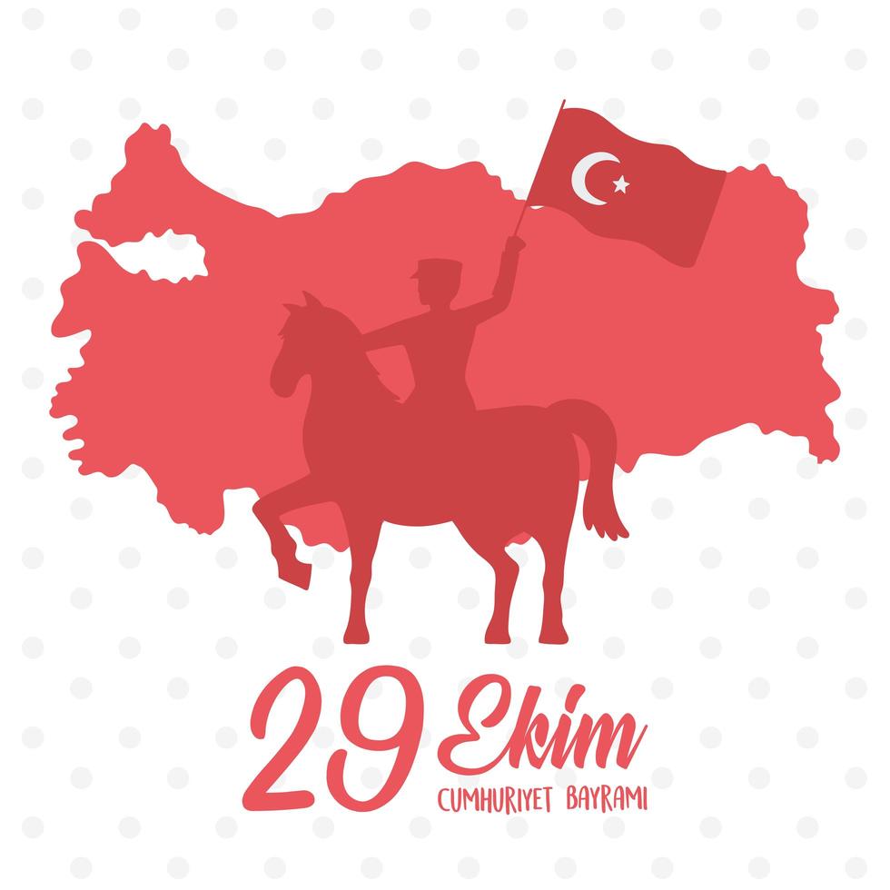 29 ekim cumhuriyet bayrami kutlu olsun, dia da república da Turquia, soldado de silhueta vermelha cavalgando com fundo de mapa de bandeira vetor