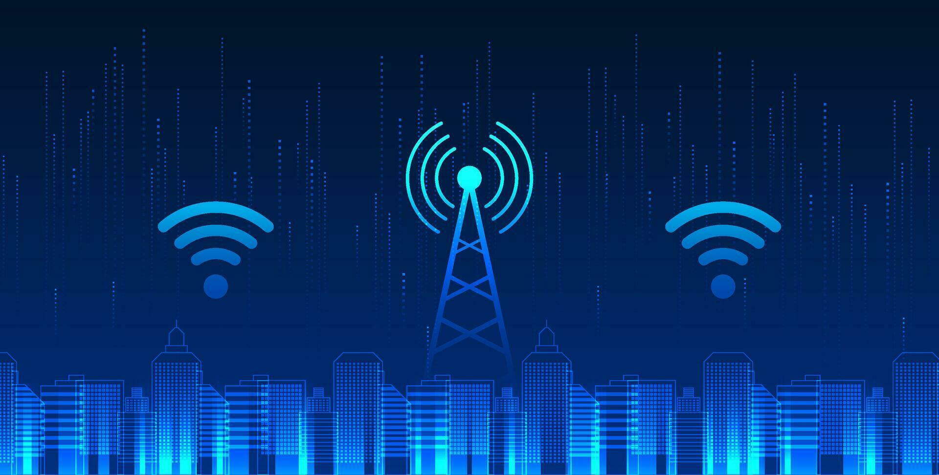 celular tecnologia é localizado dentro uma inteligente cidade com Wi-fi ícone. uma inteligente cidade conceito com torres para providenciar cidade pessoas com Acesso para Informação. mandar o negócio comunicações suavemente. vetor