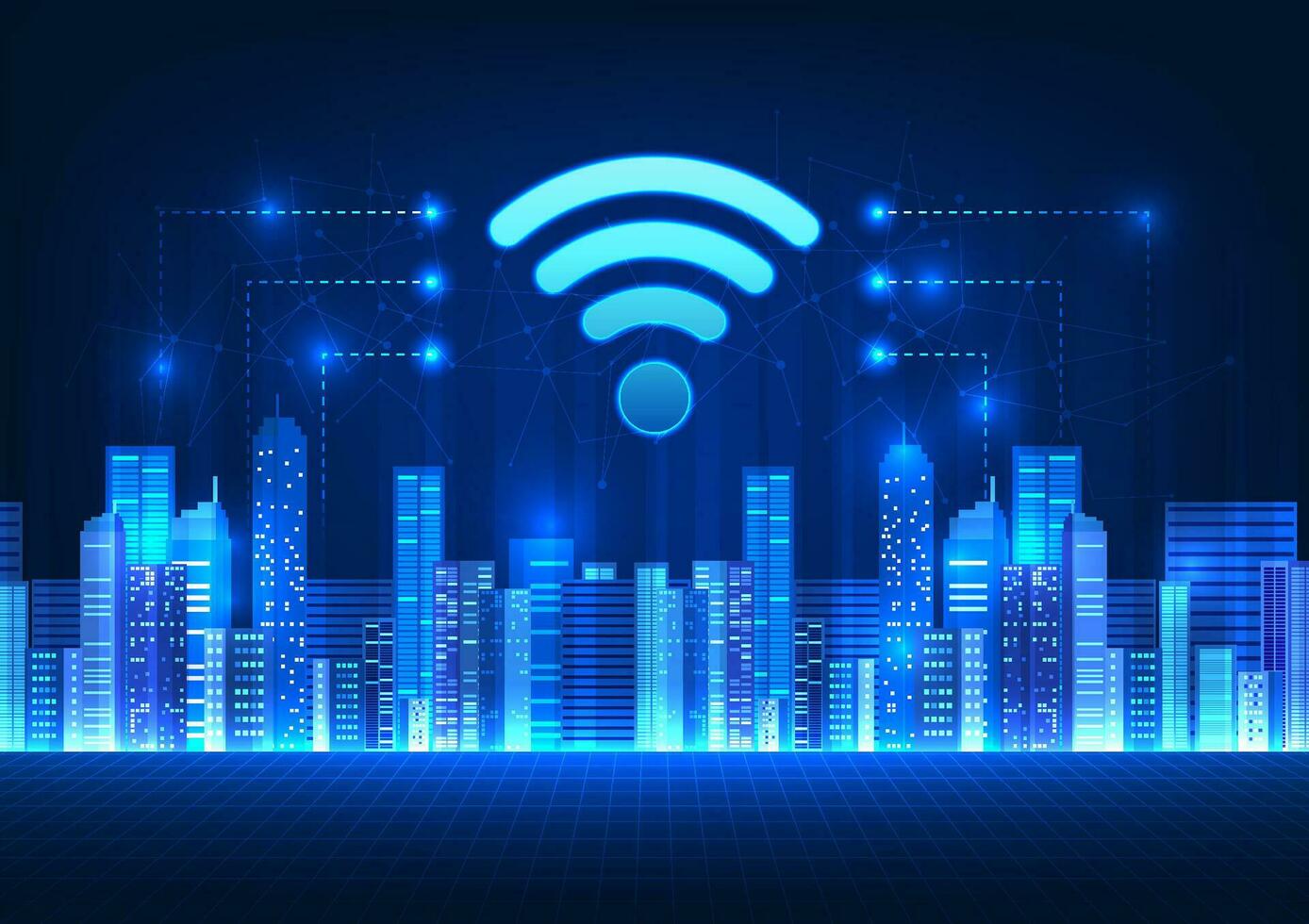 Wi-fi tecnologia dentro a inteligente cidade com uma Wi-fi ícone às a topo refere para a tecnologia do a Internet sinal este spreads ao longo a cidade para permitir pessoas para Acesso em formação rapidamente. vetor