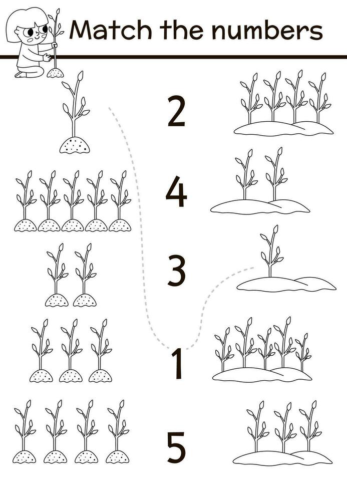 Combine a números ecológico Preto e branco jogos com menina plantio árvores terra dia ou jardim matemática atividade para pré escola crianças. eco consciência educacional contando coloração página vetor