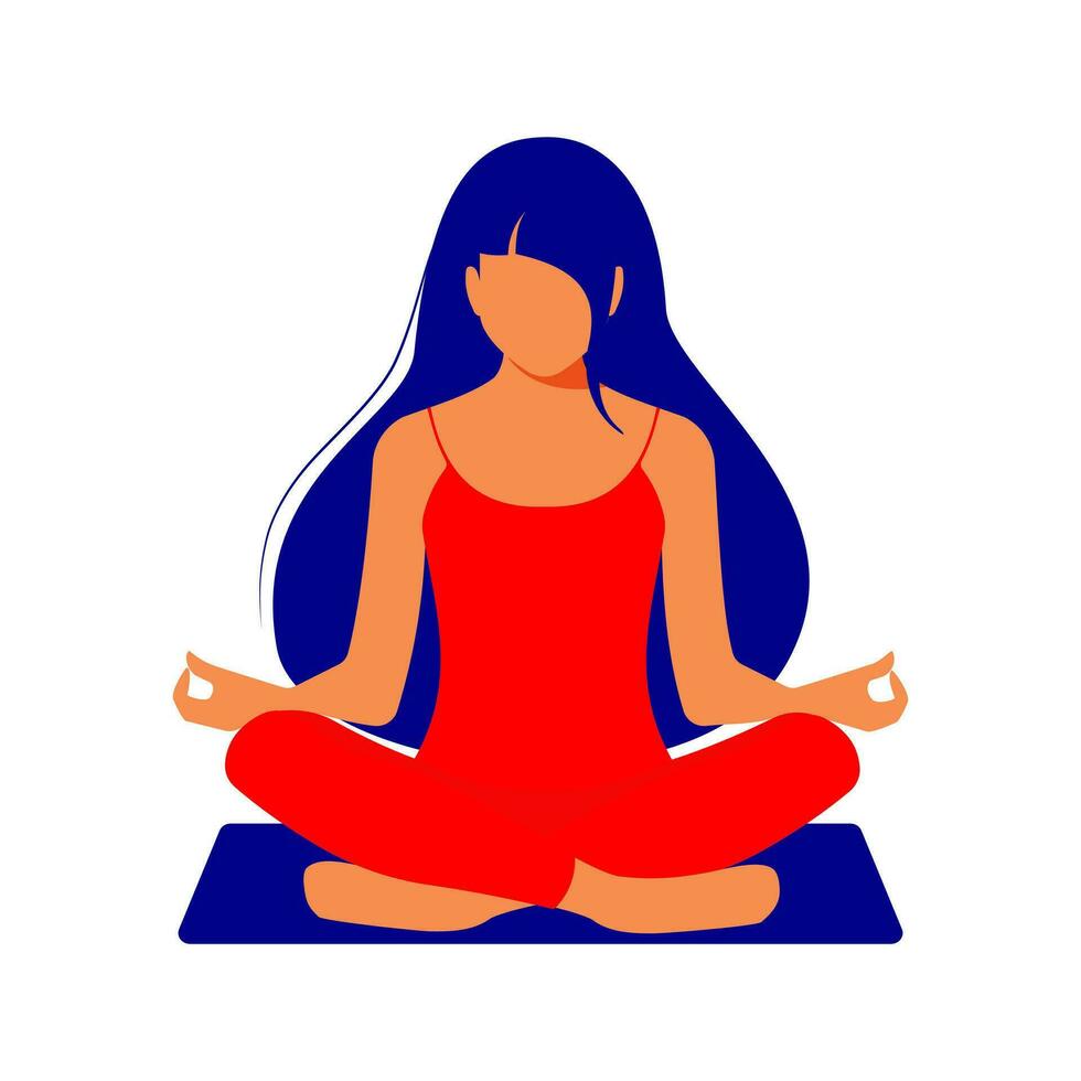 uma lindo mulher com grandes azul cabelo senta dentro uma lótus posição, medita e sente ótimo, irradiando positivo feminino energia e mental saúde. ioga prática. fique calma. vetor. vetor