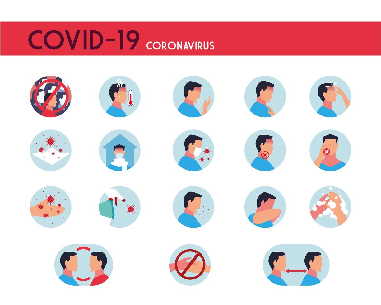 conjunto de ícones com sintomas, prevenção e transmissão do coronavírus vetor