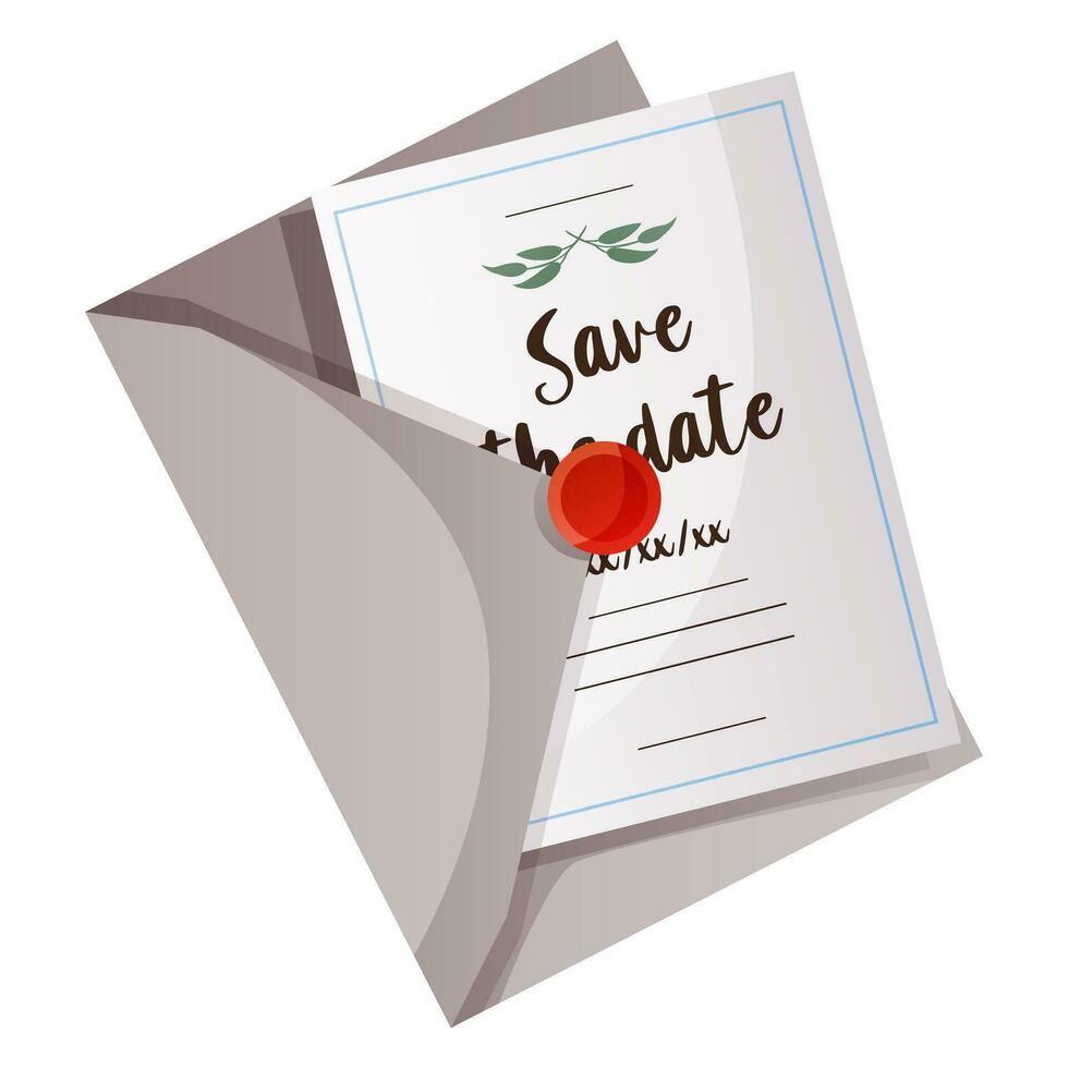 Casamento cumprimento cartão, convite dentro fechar-se envelope com decorativo cera selo. nupcial arranjos papelaria. Casamento dia acessórios, decorações. comemoro casado, Salve  a encontro cerimônia. vetor