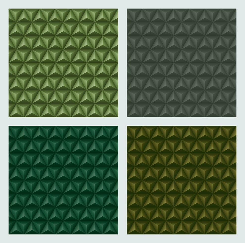 3d triângulos pirâmides, terra tom verde cor fundos definir. geométrico hexágonos, diamantes forma, desatado padrões. vetor ilustração.