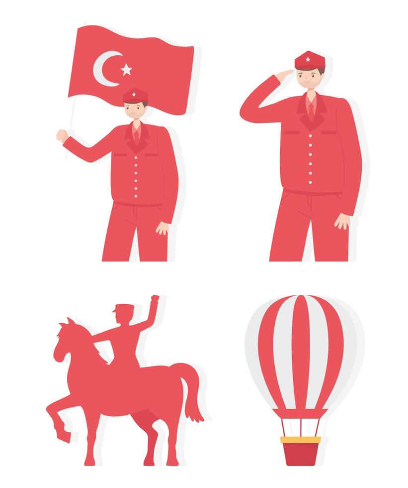 29 ekim cumhuriyet bayrami kutlu olsun, dia da república da Turquia, ícones de balão de ar de cavalo de soldados vetor
