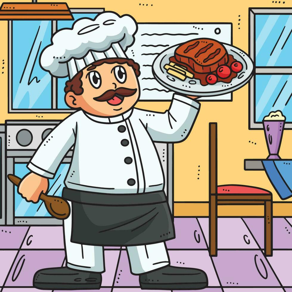 trabalho dia chefe de cozinha com servindo prato colori desenho animado vetor