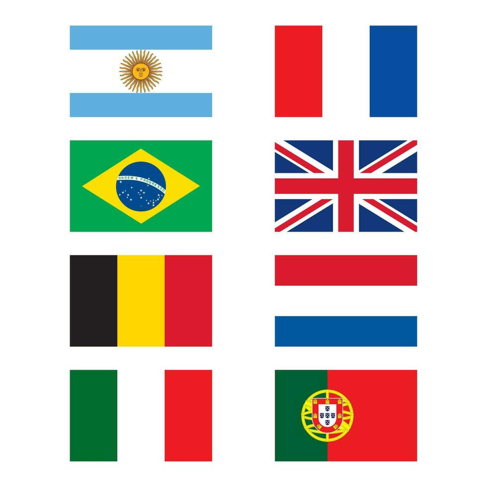 país bandeiras Argentina, França, Inglaterra, Itália, Bélgica, Portugal, Holanda, brasil. vetor ilustração do bandeiras dentro horizontal forma. esporte eventos Projeto elemento.