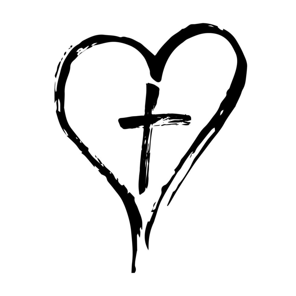 cruz cristã e coração desenhado por pincel, símbolos isolados em um fundo branco. vetor