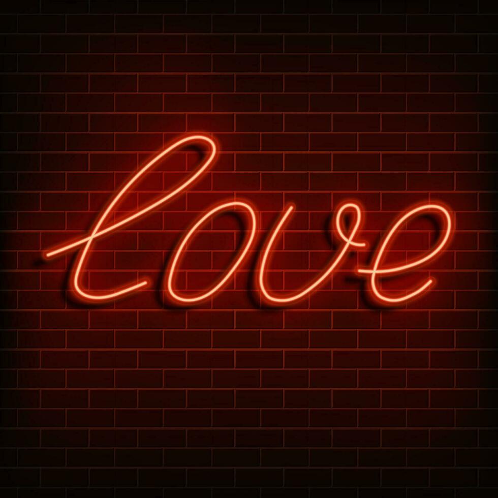 néon palavra amar. uma brilhante vermelho placa em uma tijolo muro. elemento do Projeto para uma feliz namorados s dia. vetor ilustração