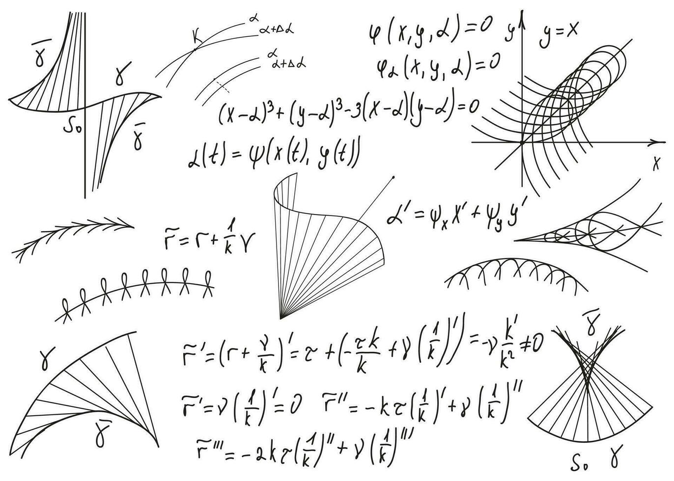 matemático fórmulas desenhado de mão em uma branco quadro-negro para a fundo. vetor ilustração.
