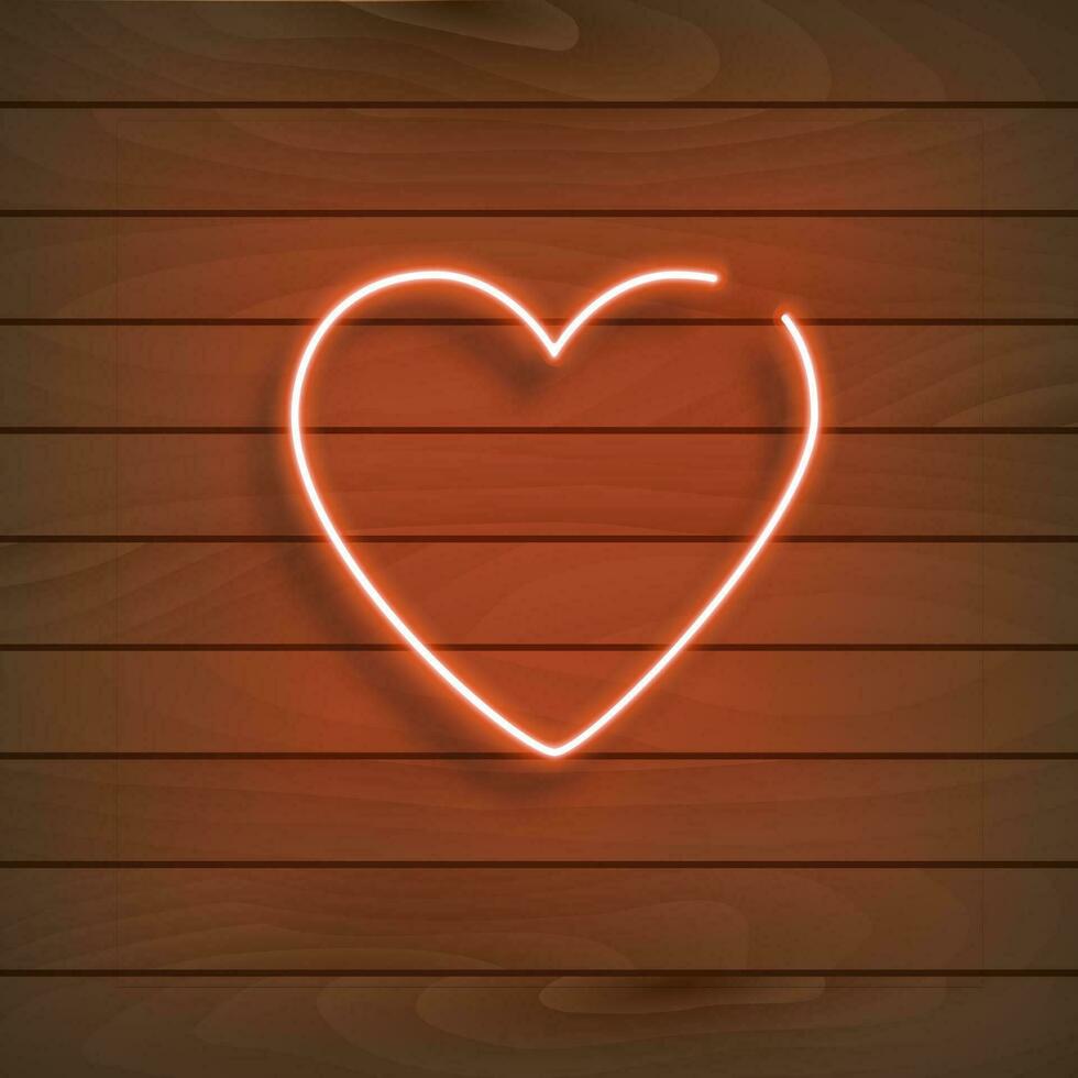 néon coração. uma brilhante vermelho placa em uma de madeira muro. elemento do Projeto para uma feliz dia dos namorados dia. vetor ilustração.