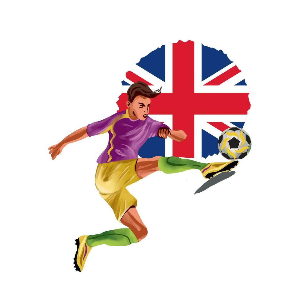 futebol jogador chutando a bola em a fundo do a bandeira do Inglaterra. vetor ilustração. Projeto elemento para Esportes bandeiras, panfletos, convites, roupas.