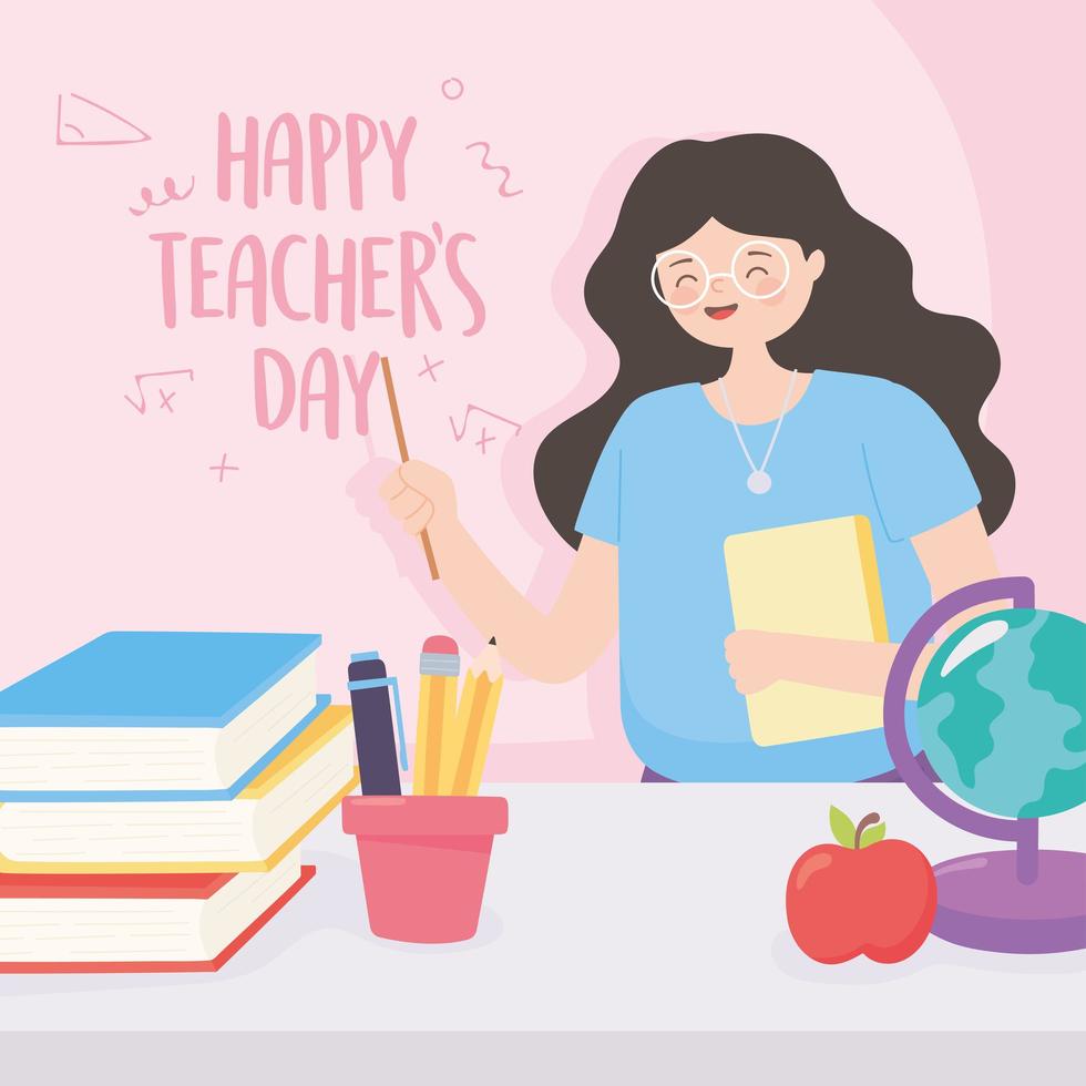 feliz dia dos professores, professor escola globo mapa apple livros e lápis vetor