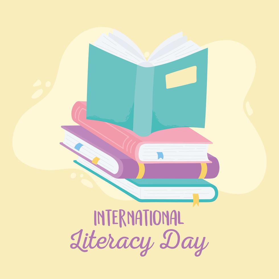 dia internacional da alfabetização, livro aberto na pilha de livros vetor