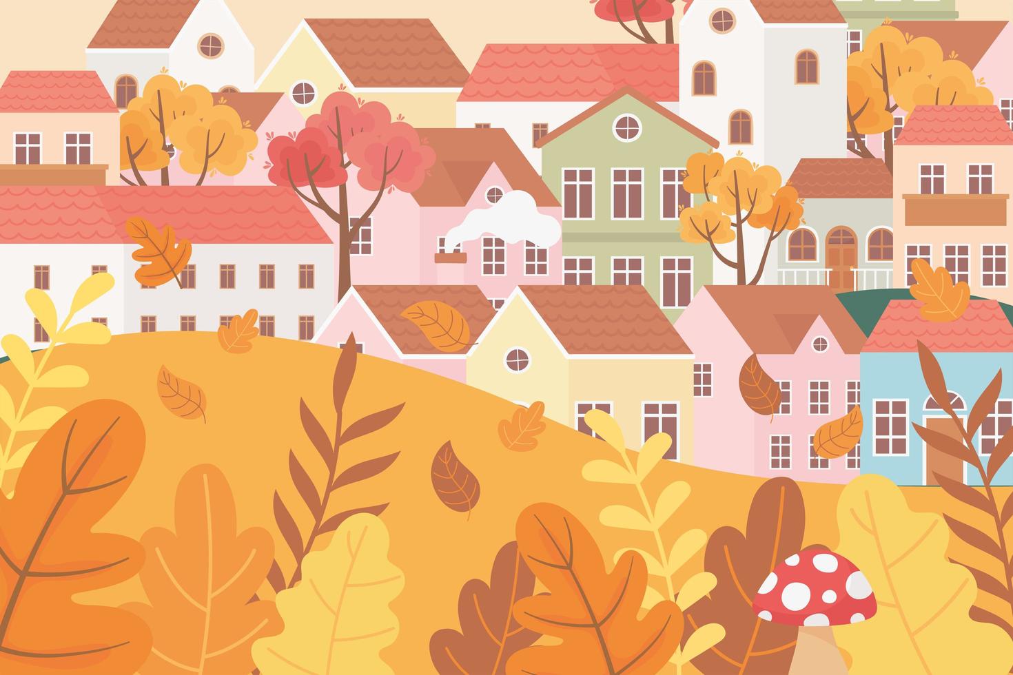 paisagem na cena da natureza do outono, cartoon vila abriga cogumelos, folhas, ramos, folhagem vetor