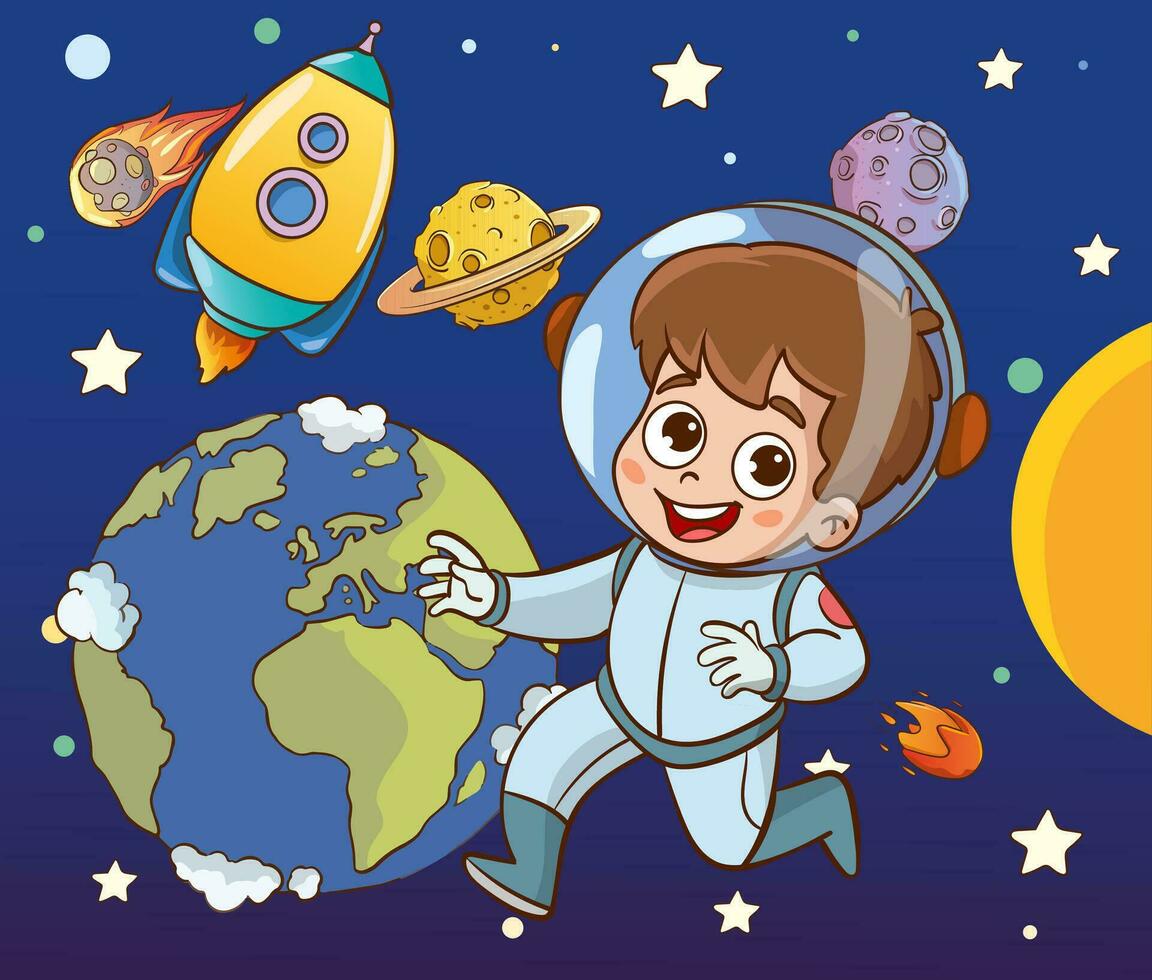 conquista do espaço. espaço elementos. planeta terra, Sol e galáxia, nave espacial e estrela, lua e pequeno crianças astronauta, vetor ilustração.